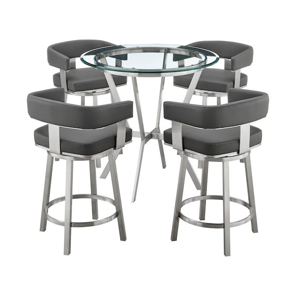 Armen Living Naomi and Lorin 5-Piece Counter Height Dining Set in Brushed Stainless Steel and Gray Faux Leather SETNMLRGRBS5 - main